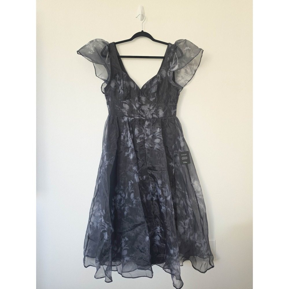 Lulus Black Floral Organza Flutter Sleeve Midi Dress V-Neck A-Line Sz Large